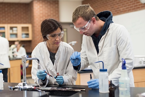 Two students working in chemistry lab.