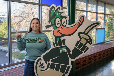 Delta College’s new Ambassador of Enthusiasm, Duck, sprung to life after a year-long process to create a mascot.