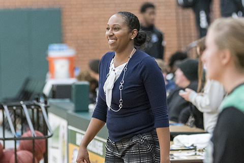 Shonda Long courtside at a basketball game.