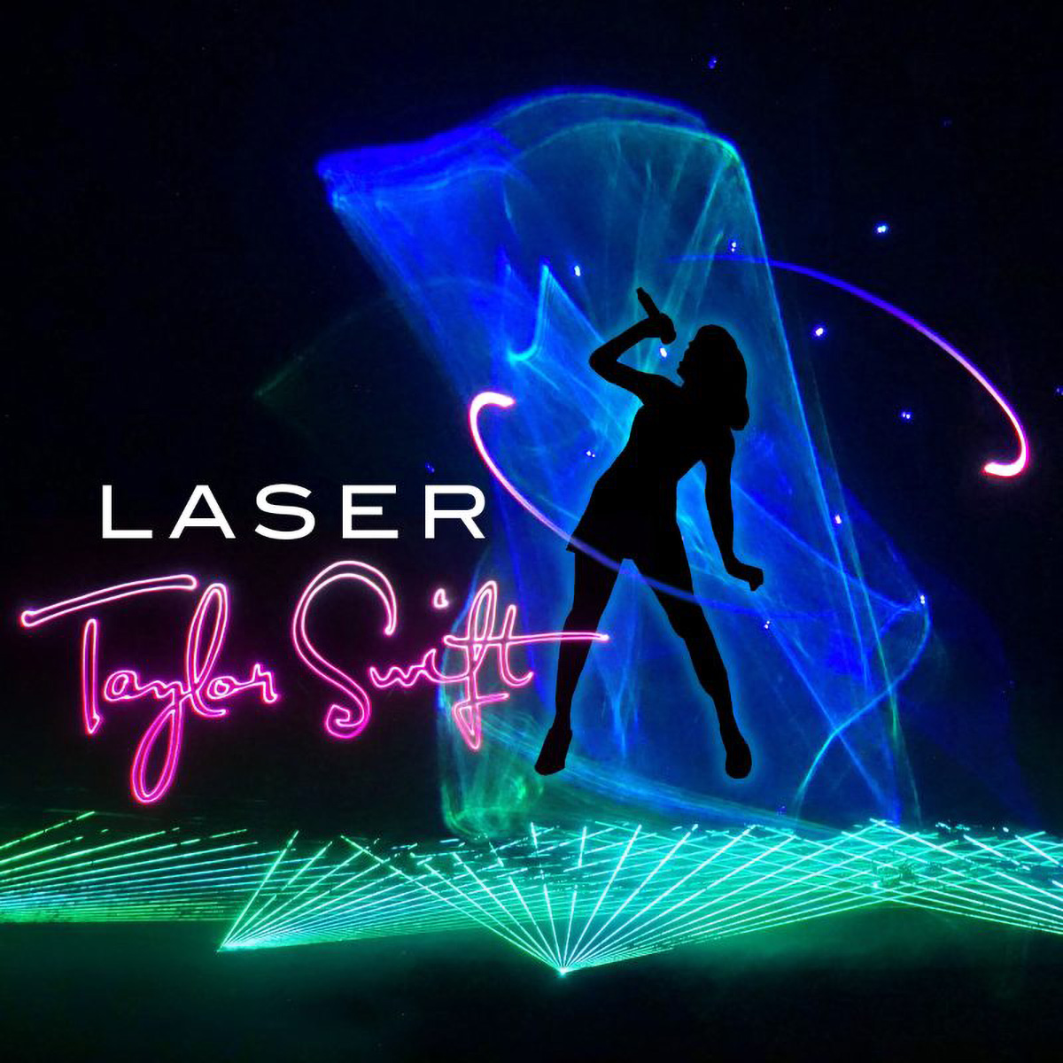 Laser Taylor Swift image of blue, teal, and pink lasers lights with a silhouette of a woman singing into a microphone Text reads: Laser Tayler Swift