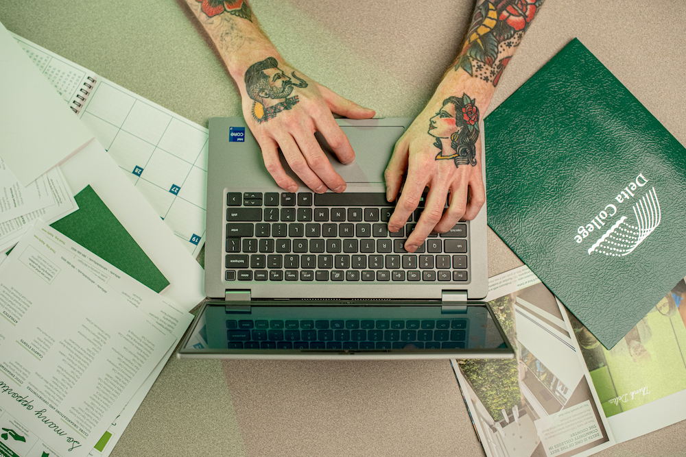 A photo of a student of his computer.