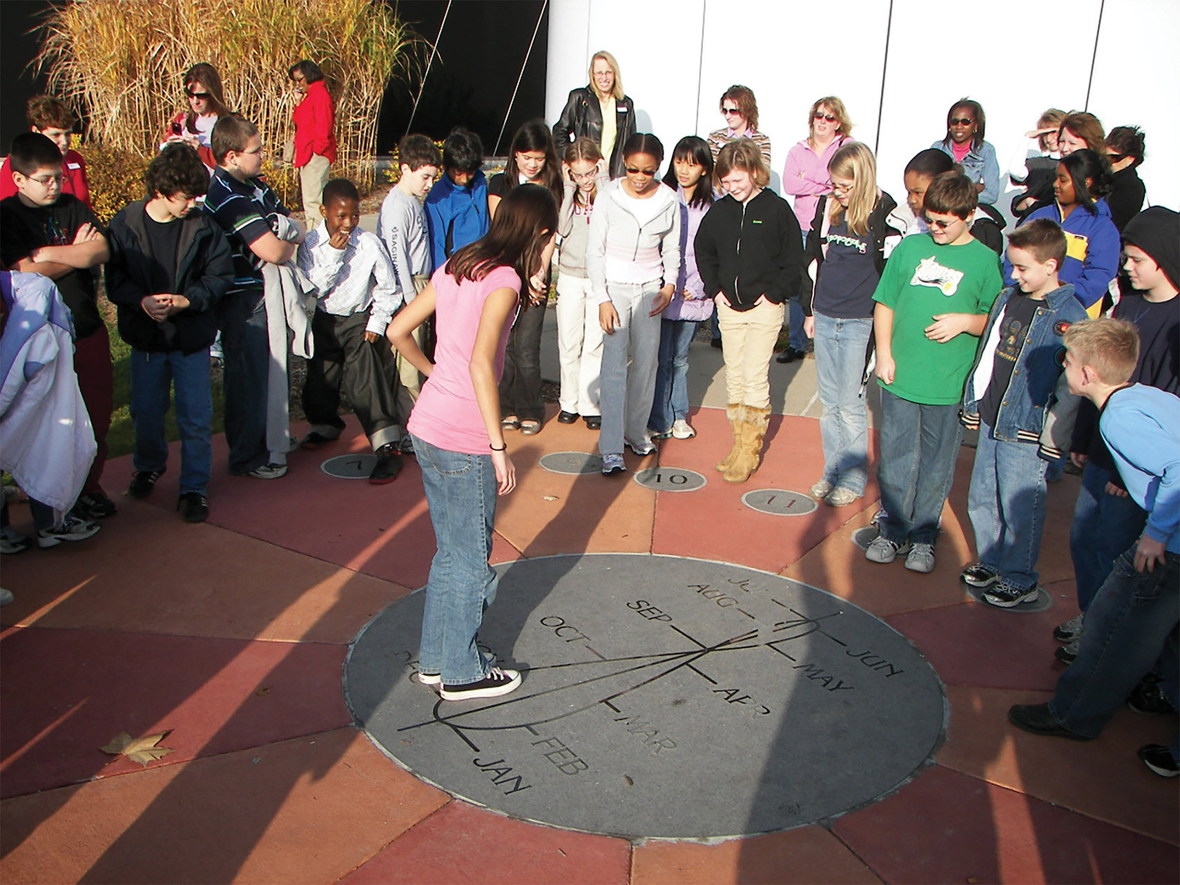 A school group outside of the Planetarium