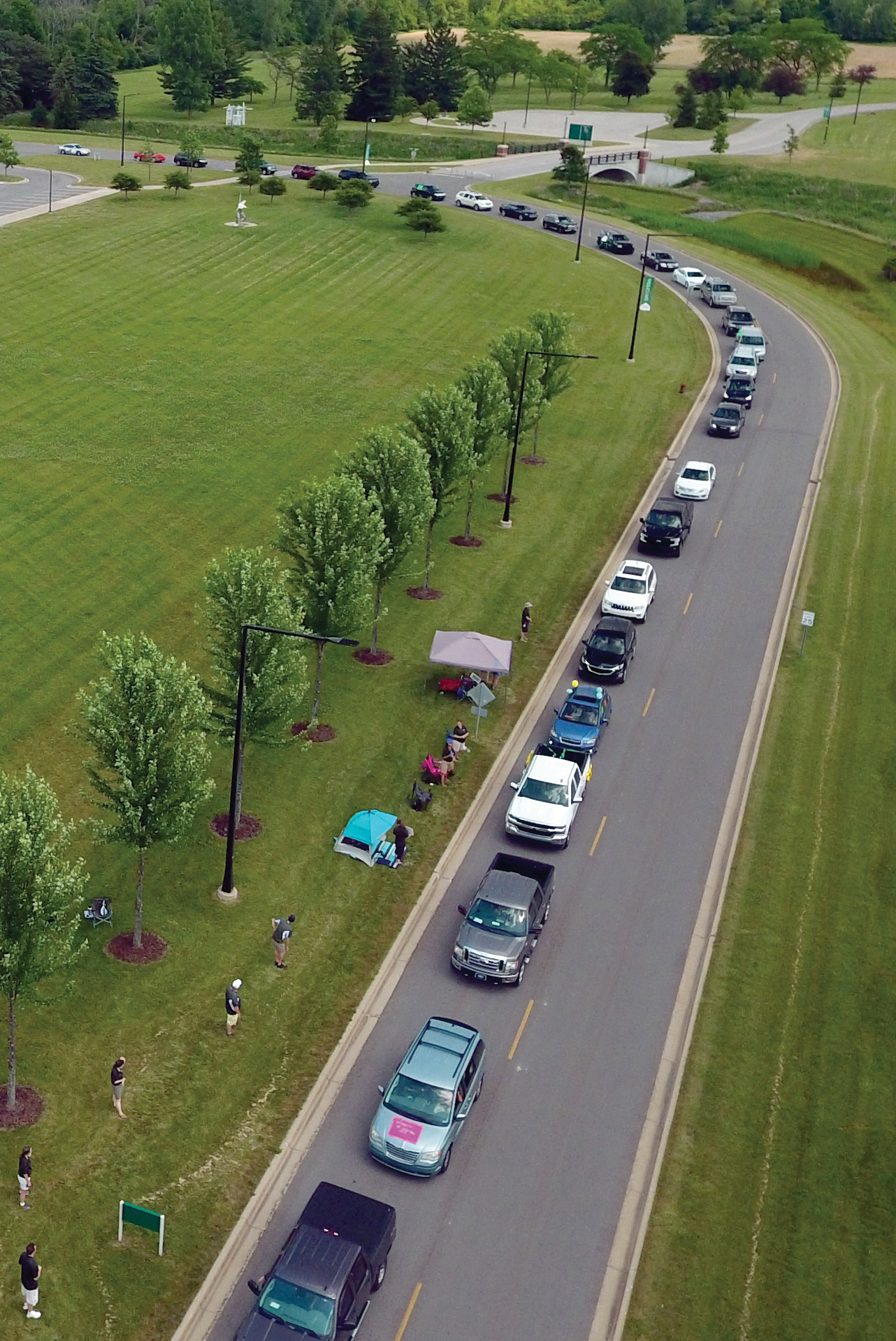 Aerial view of cars lined up