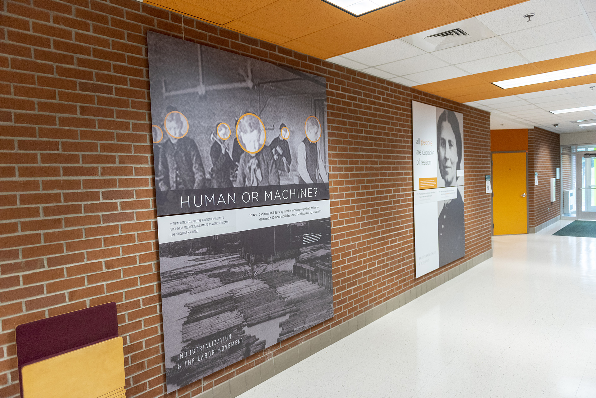 The J Wing hallway is sprinkled with historical facts and noteworthy information.