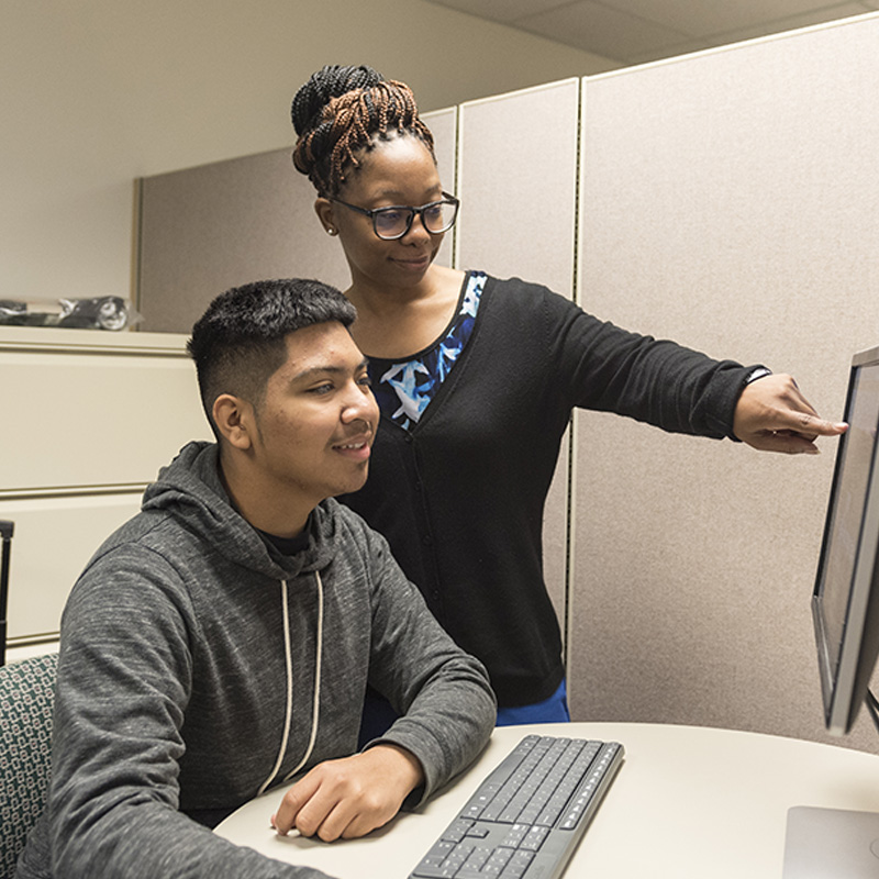 Student with staff working on a computer