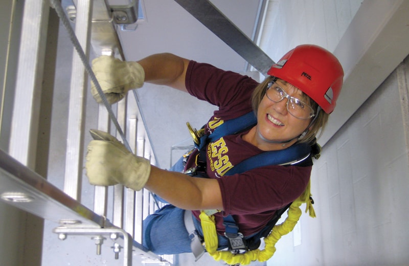 Student inside wind turbine